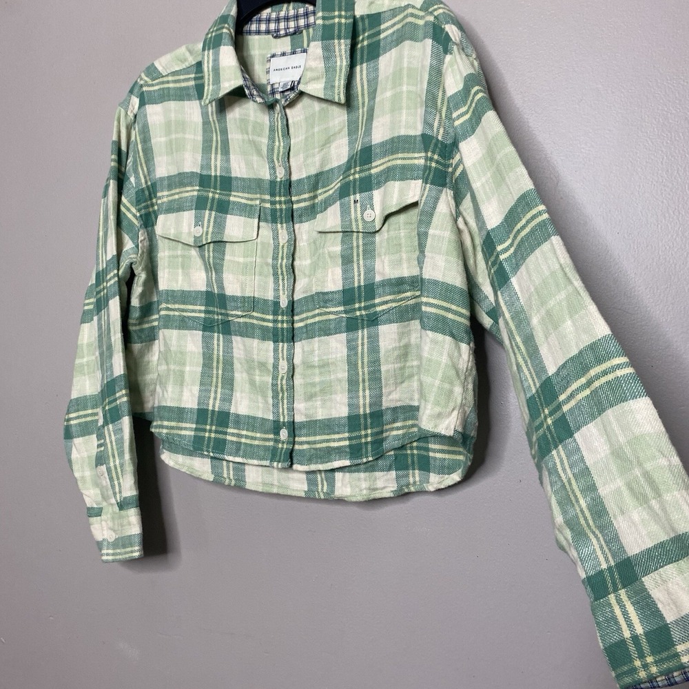 American Eagle Women Size M Button‎ Up Shirt Flannel Cropped Green Cream Plaid - Picture 4 of 16